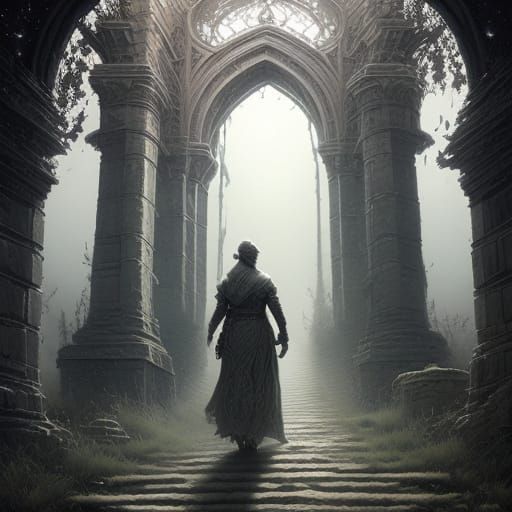 Ethereal Woman on Castle Path Under Moonlight