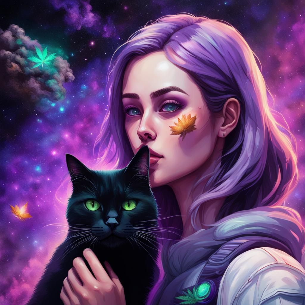 Stoner Girl in Space with Cat, Hyperrealistic Art