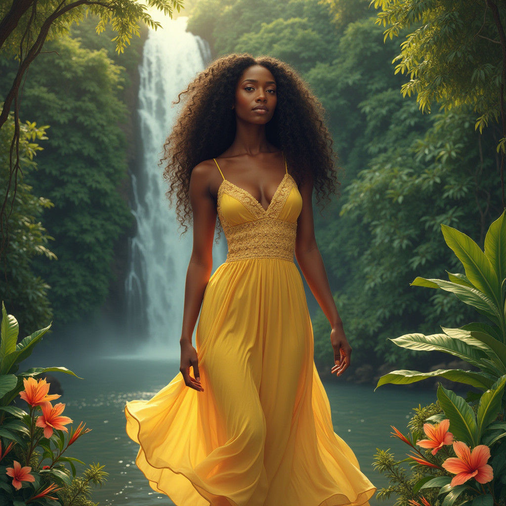 Ethereal African Woman at Misty Waterfall