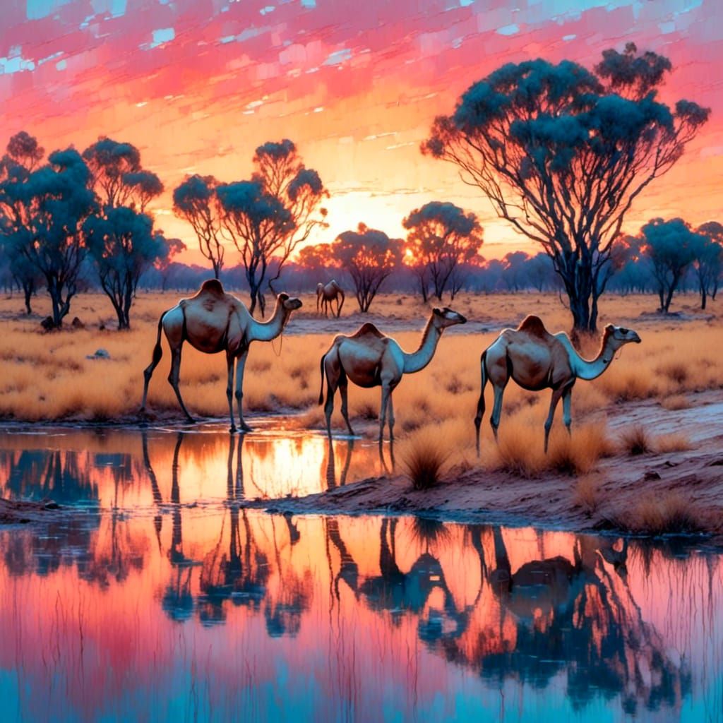 Australian Outback Sunset: Camels at the Murray River