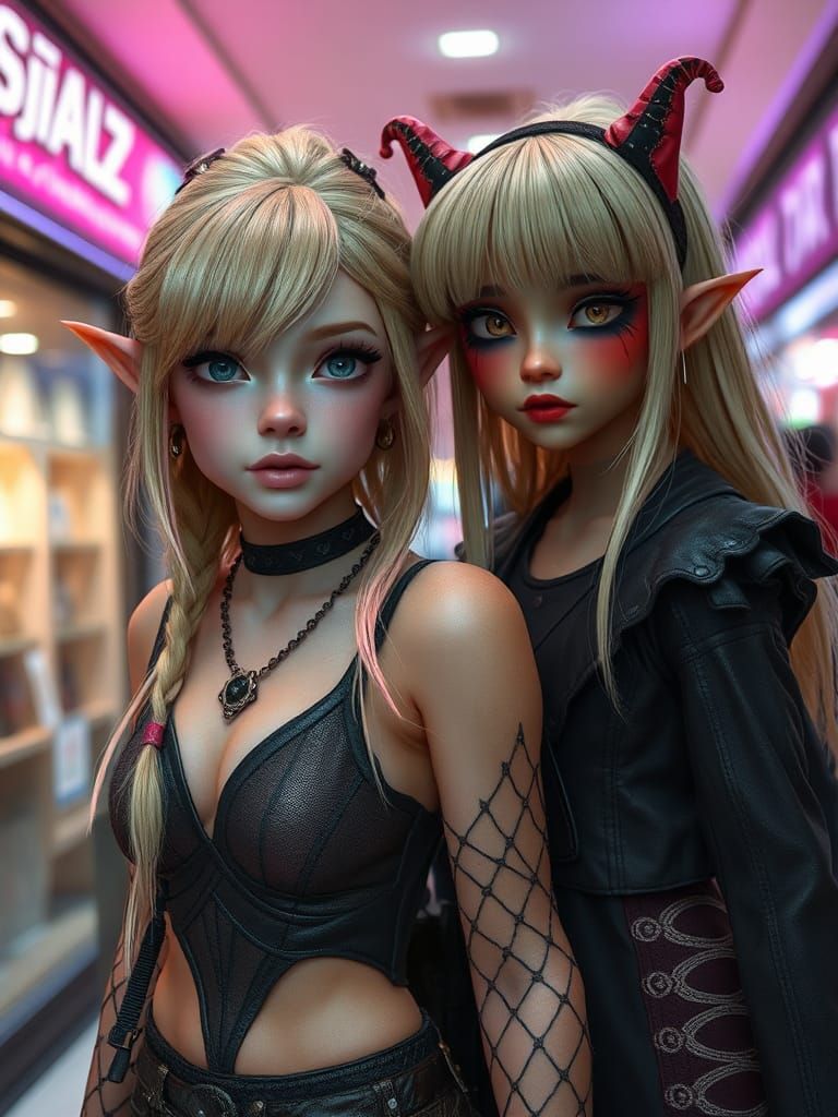 Elven Valley Girls in Mall, Hyperdetailed Digital Art
