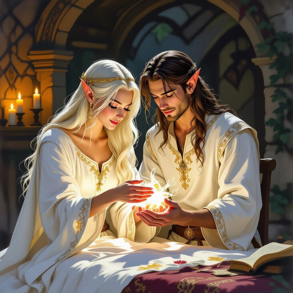 Elven Healer Tending a Wounded Prince in Fantasy Style