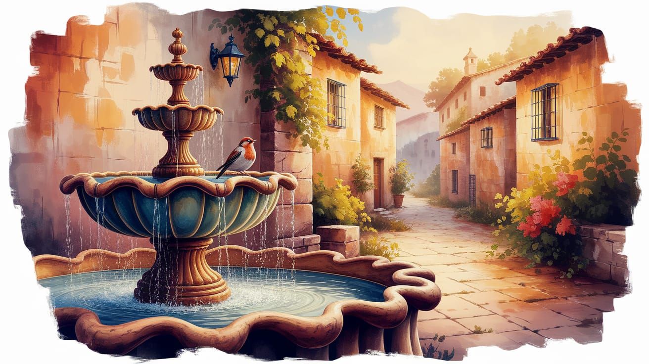 Spanish Fountain with Sparrow in Watercolor Oil Style
