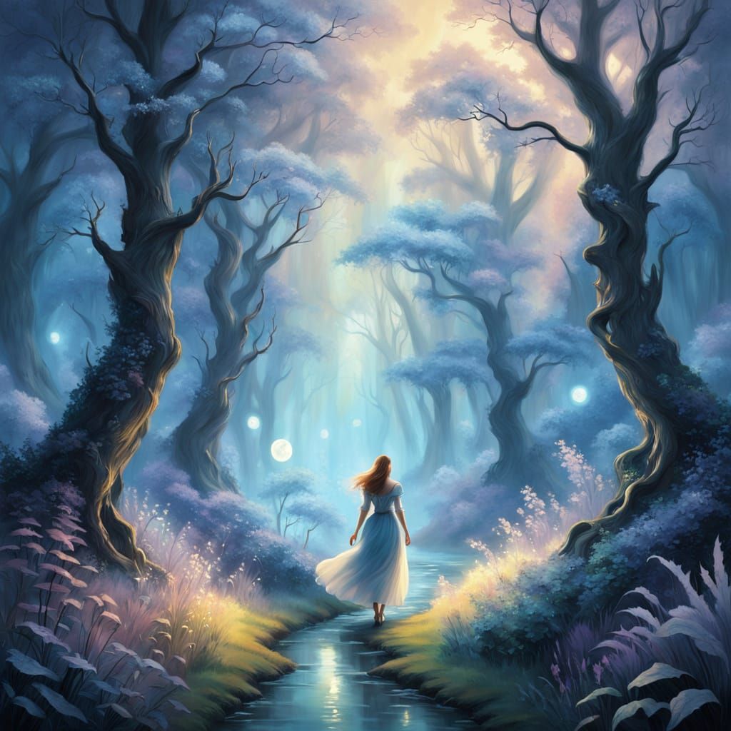 Dreamy Moonlit Fantasy Landscape in Ethereal Hues
