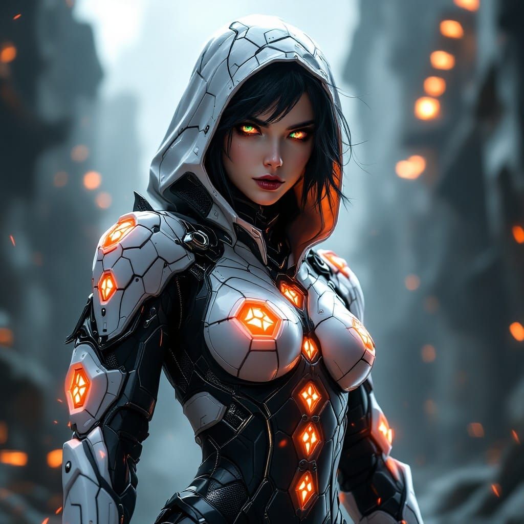 Gothic Demon Hunter Lady with Emerald and Crimson Eyes