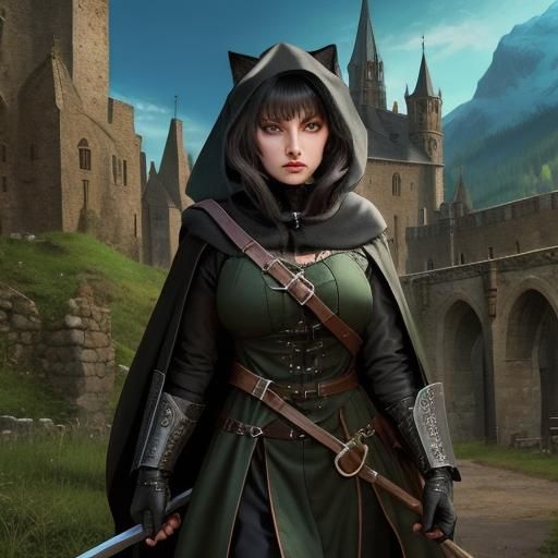 Steampunk Black Cat Cleric in Medieval Mountains