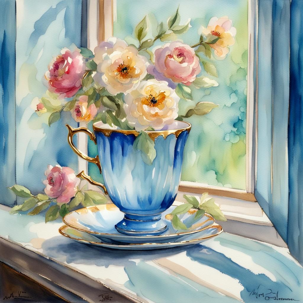Watercolor Tea Cup and Spring Bouquet Still Life