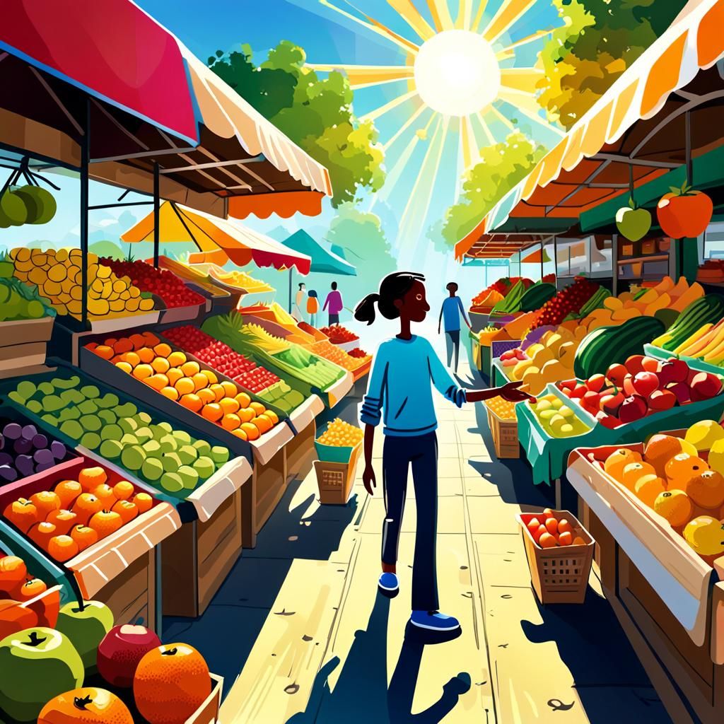 Stick Figures Shopping at Fruit Stand: Vibrant Digital Art