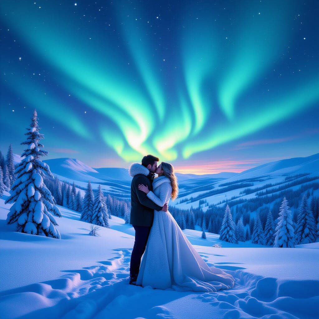 Kiss Under Northern Lights, Photorealistic Winter Landscape