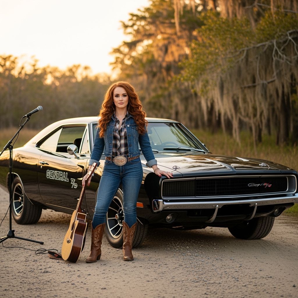 Louisiana Cowgirl with Dodge Charger at Golden Hour