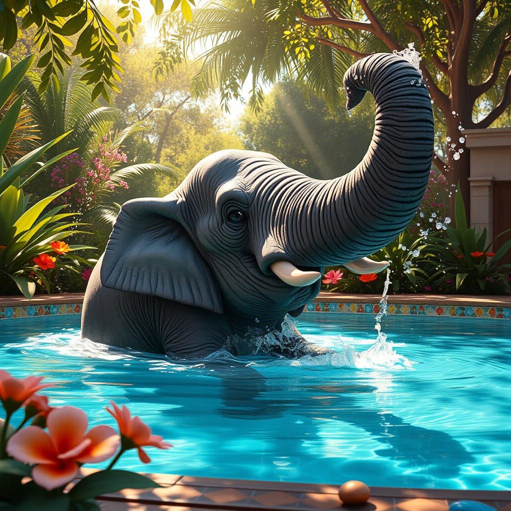Playful Elephant in Vibrant Pool Scene