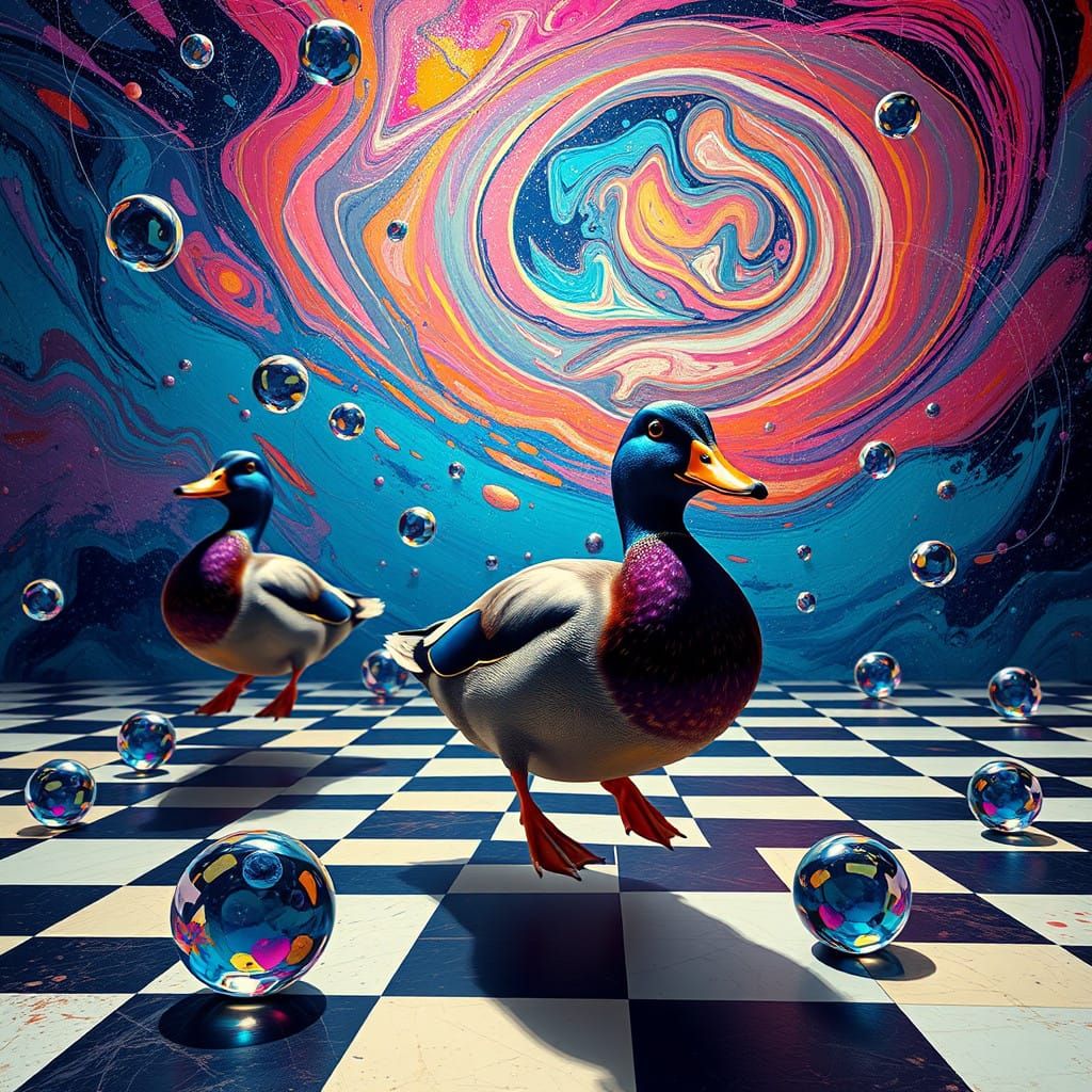 Dreamlike Surreal Cosmos with Iridescent Ducks and Neon Marb...