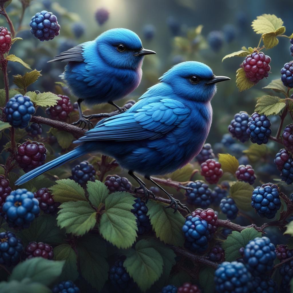 Blue Robins in a Blackberry Field, Fantasy Art