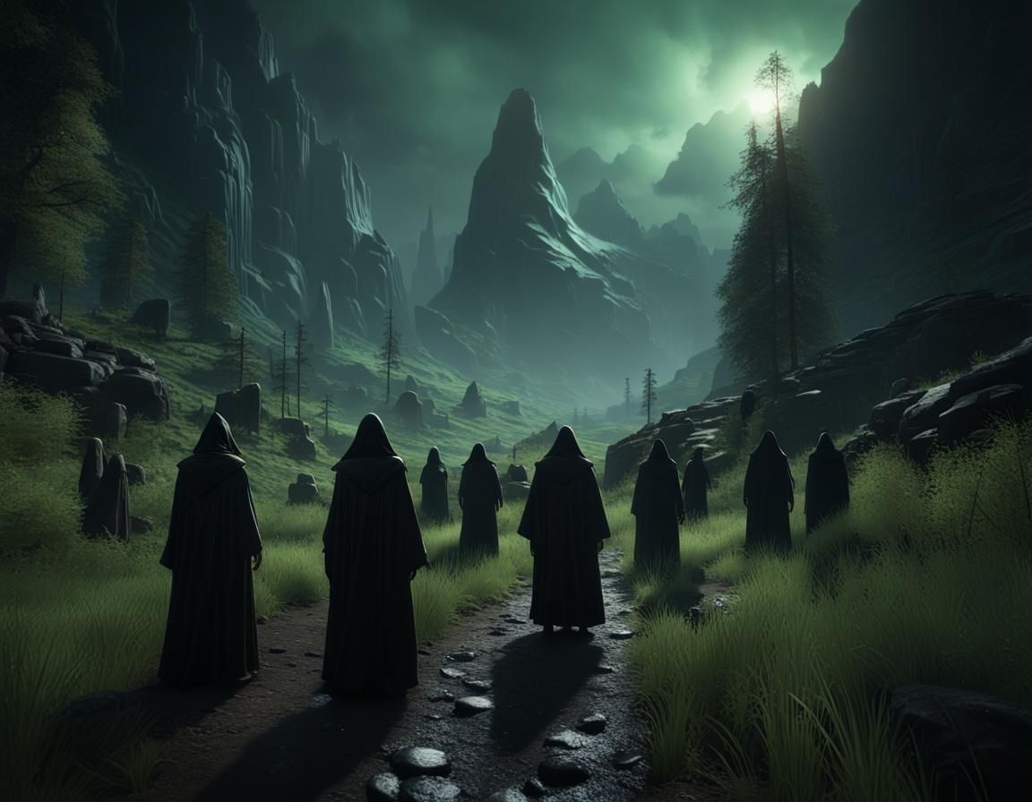 Cultists Gather in a Dimly Lit Green Valley