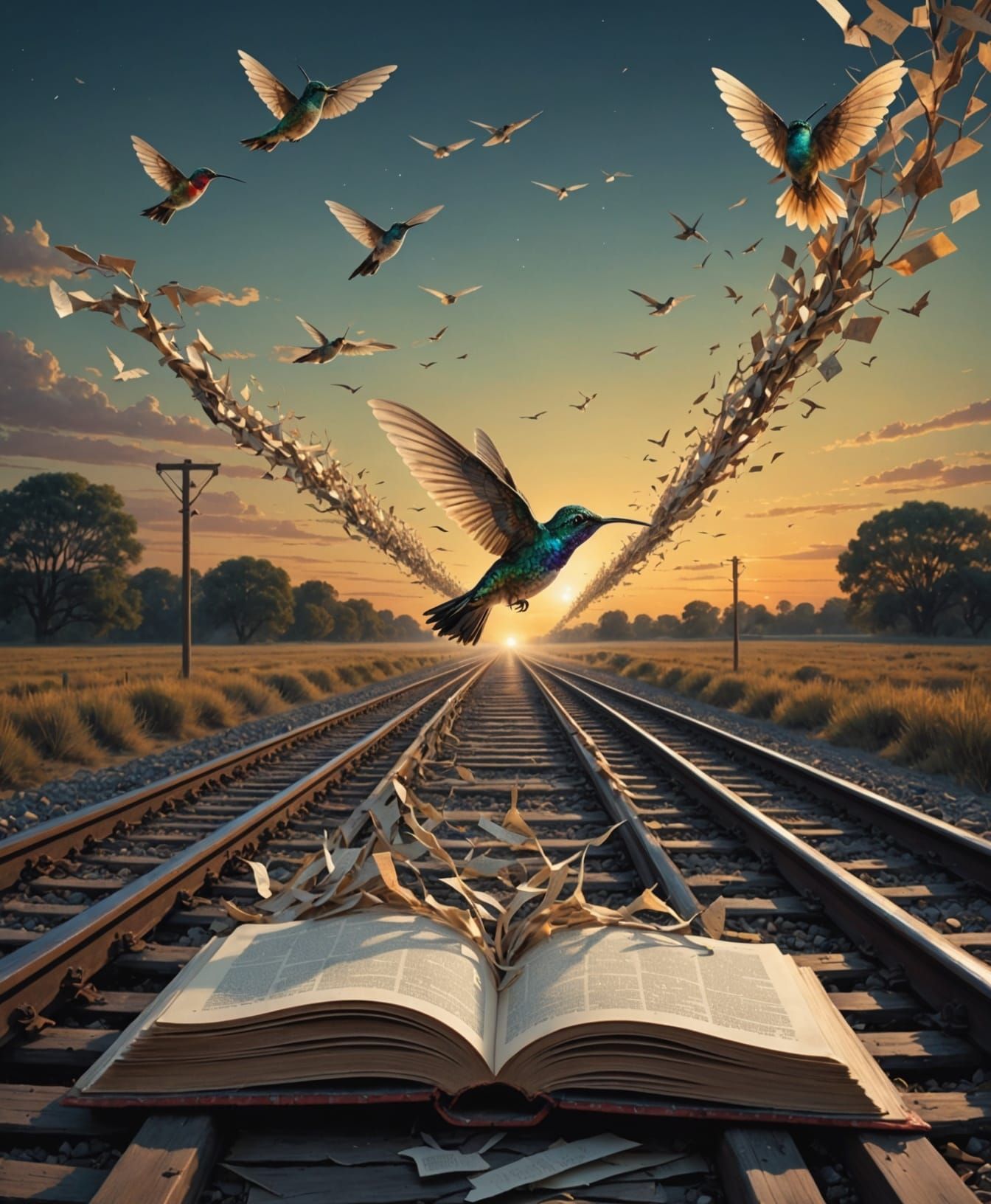 Dreamlike Book Page Train Track to Glowing Horizon