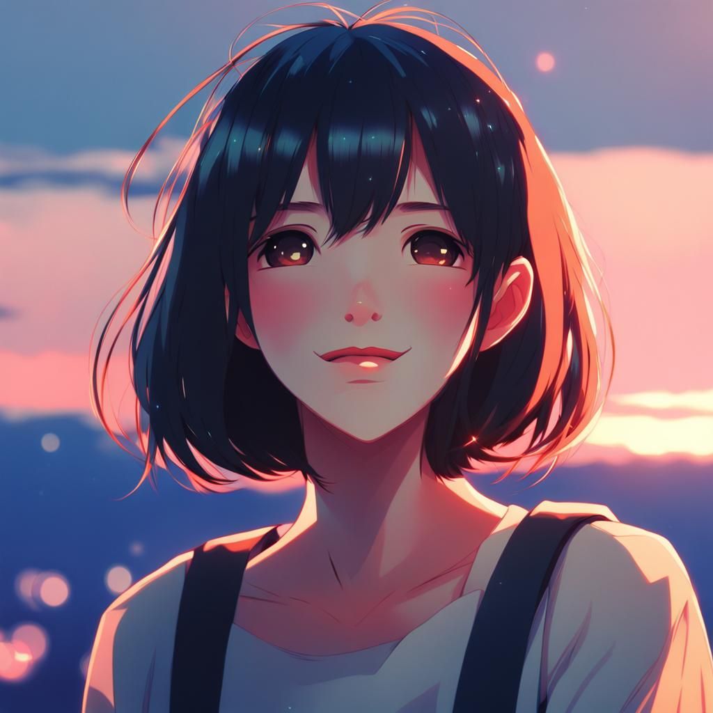 Anime Girl Smiling in Afterglow, Digital Art