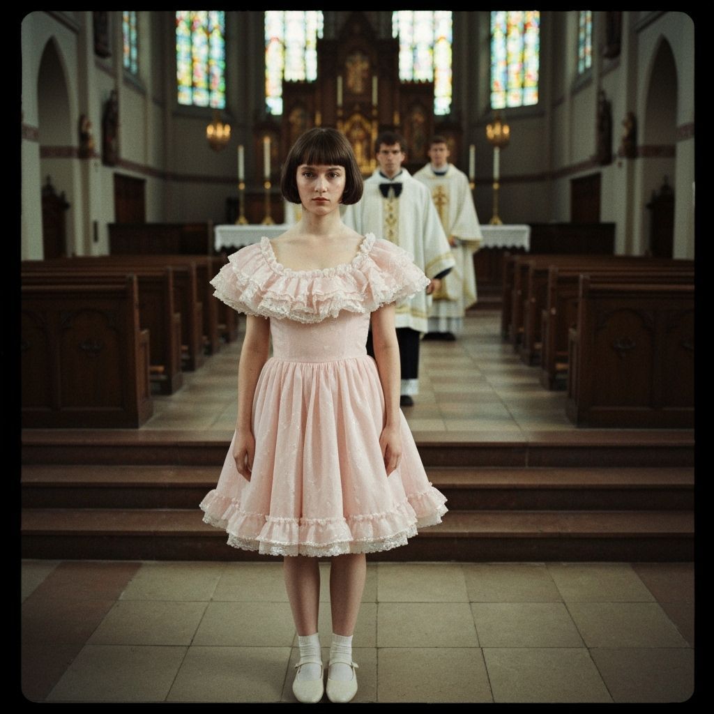 Young Person in Frilly Dress at Church, Cinematic Style