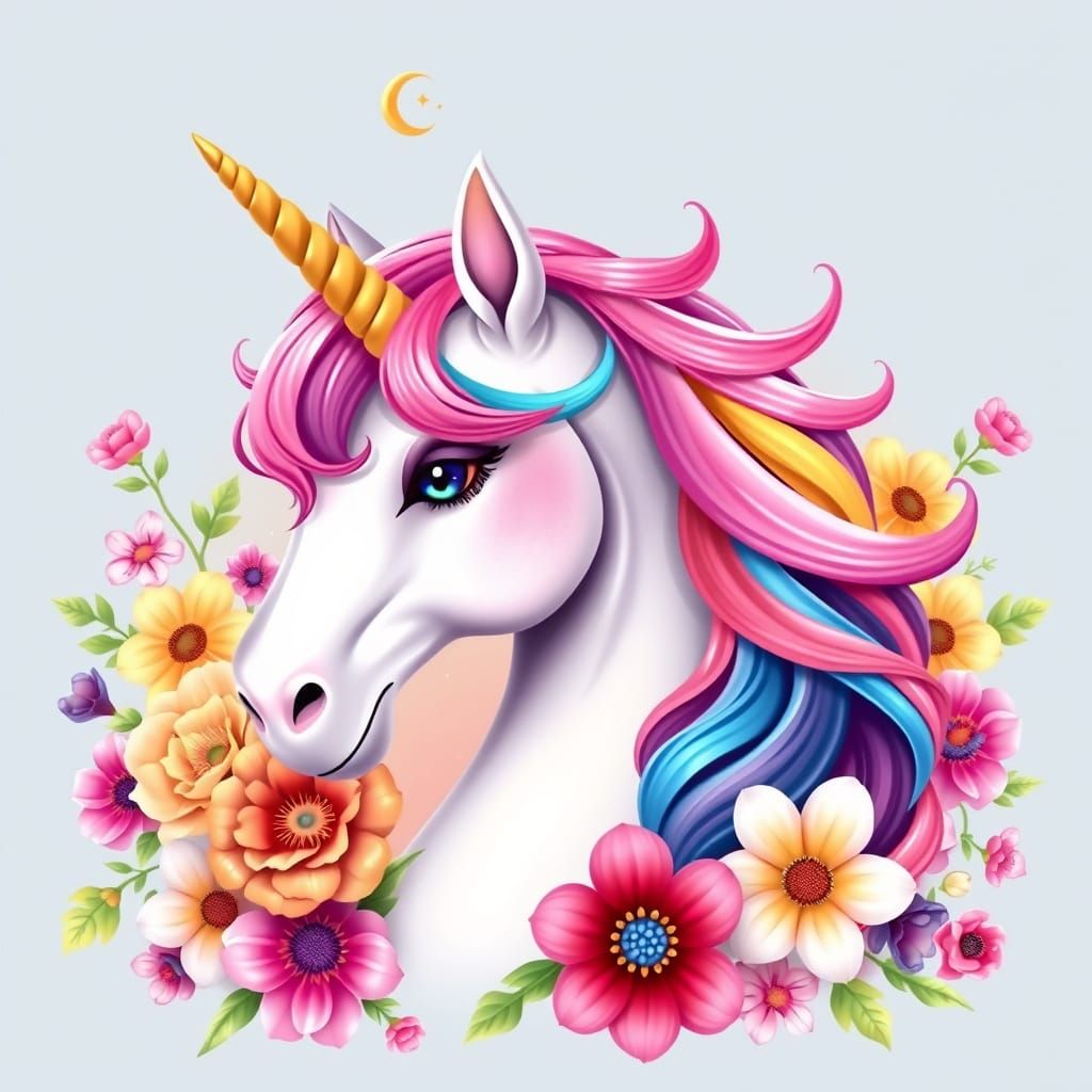 Colorful Unicorn with Golden Horn and Flowers