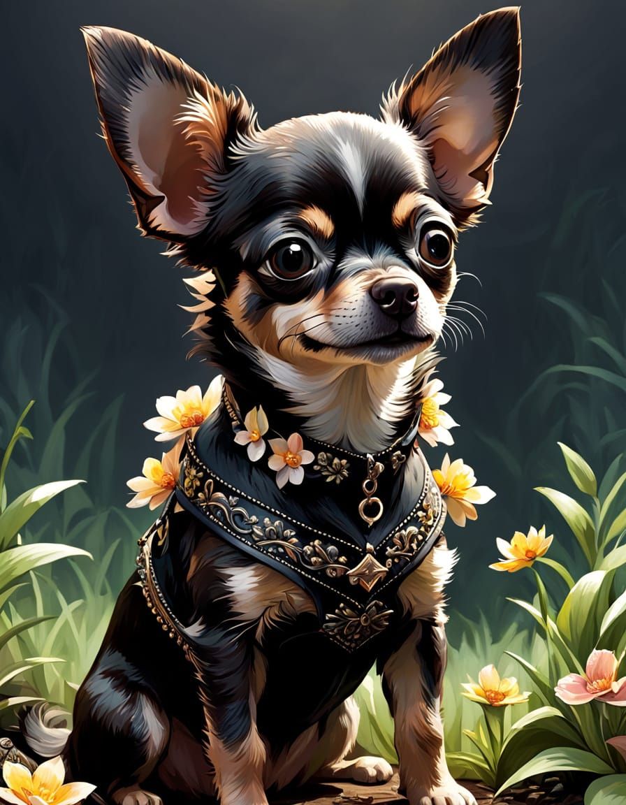Vibrant Chihuahua Retriever Mix in Floral Attire