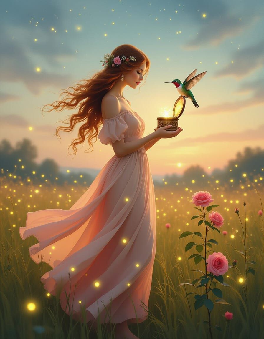 Woman with Wildflowers in Dreamy Botanical Illustration Styl...