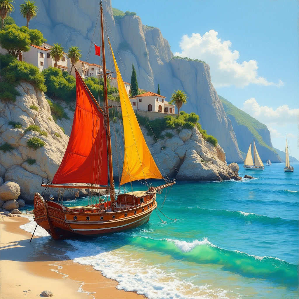 Mediterranean Coastal Scene with Sailboat in Impressionist S...