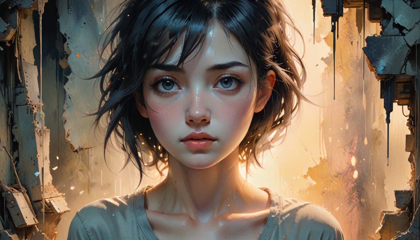 Melancholic Figure Amidst Fading Photos in Watercolor