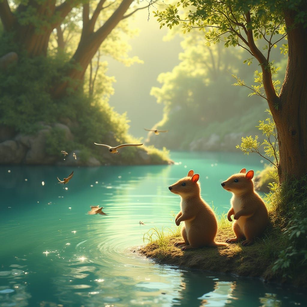 Numbats in Serene Landscape Inspired by Studio Ghibli