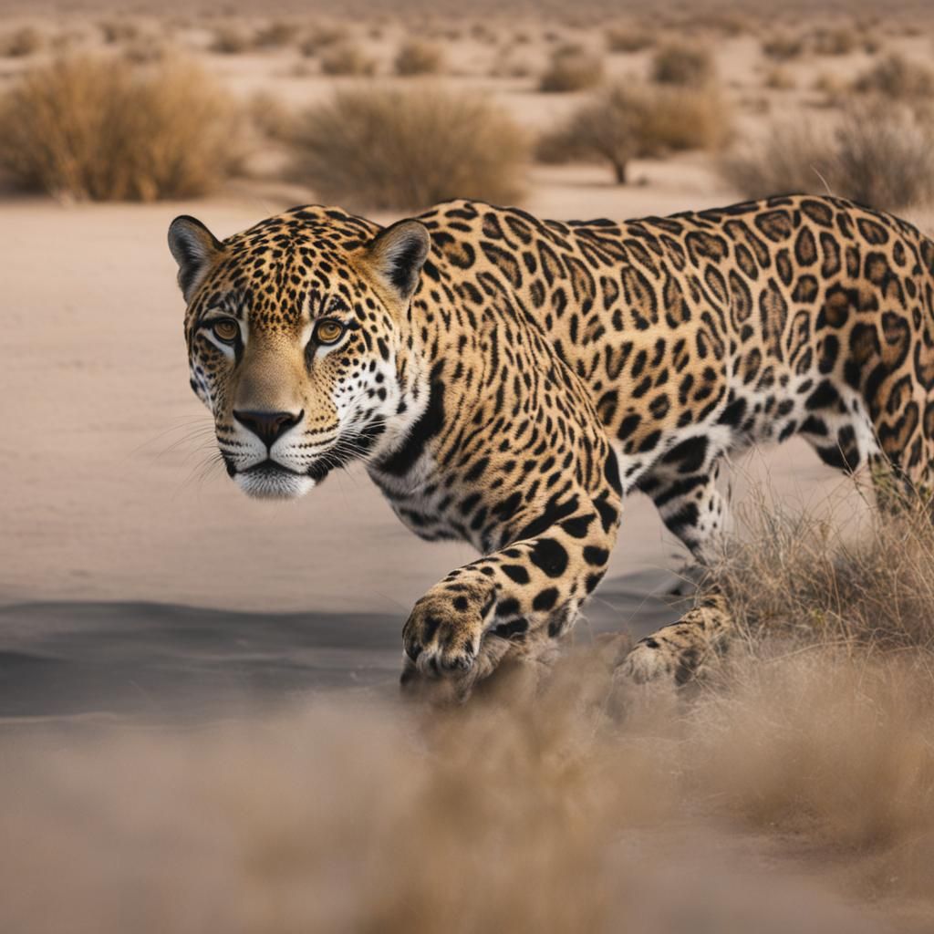 Jaguar Gazing at Desert Water Source