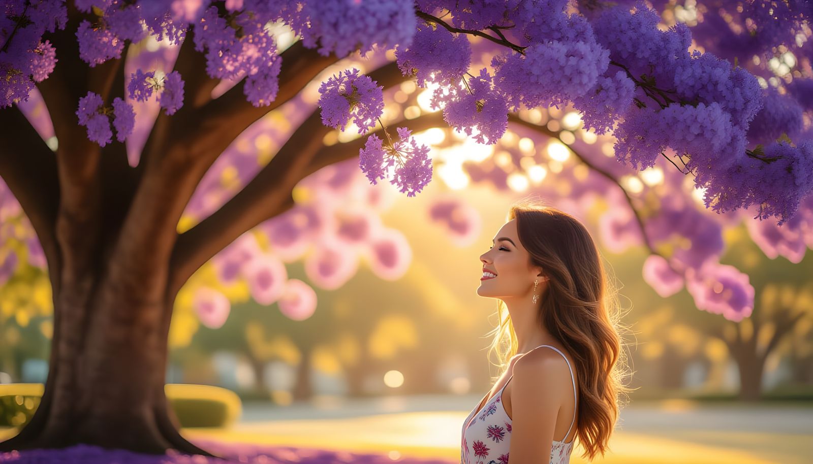 Radiant Woman Under Blooming Jacaranda Tree