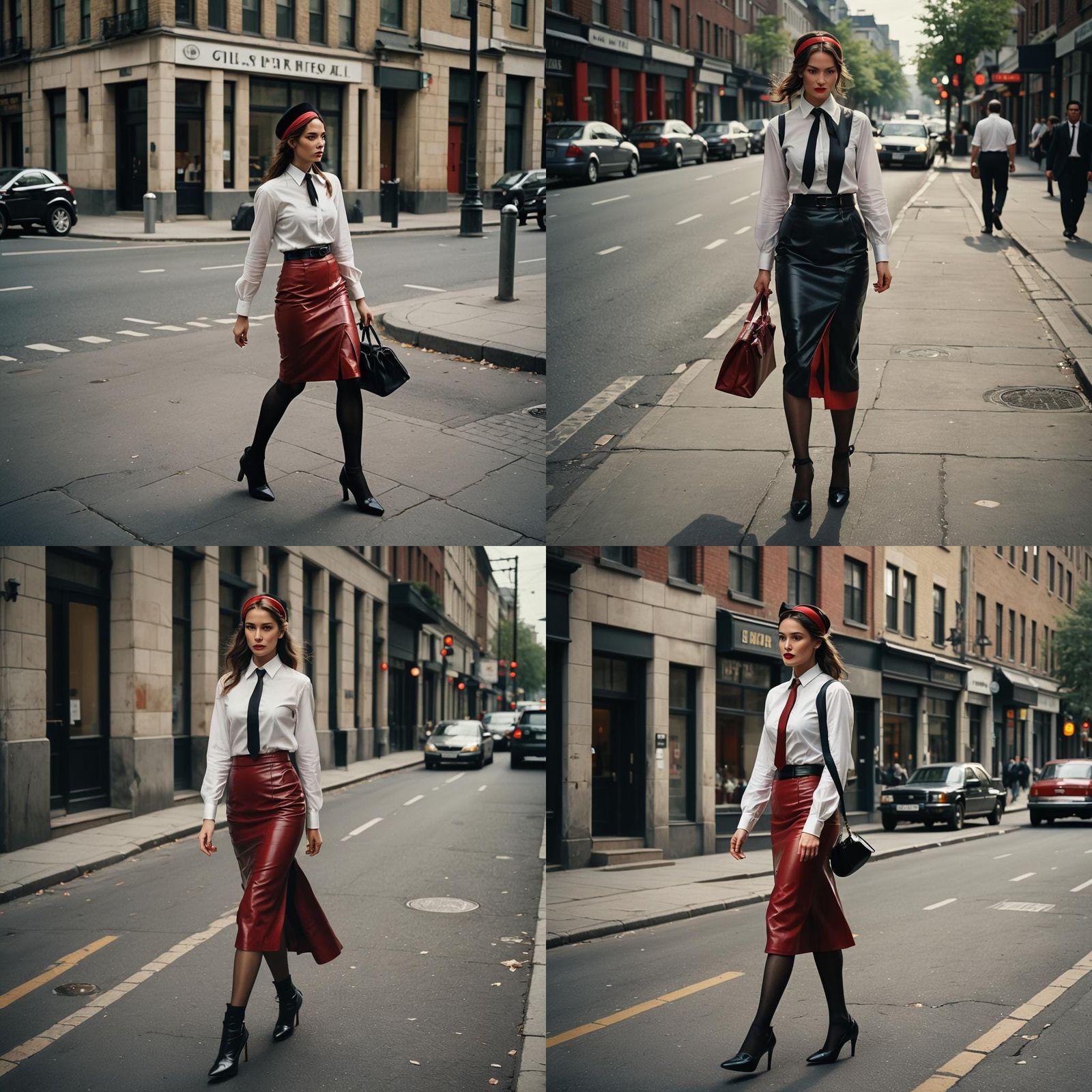 Woman in Red Leather Skirt Walking Street