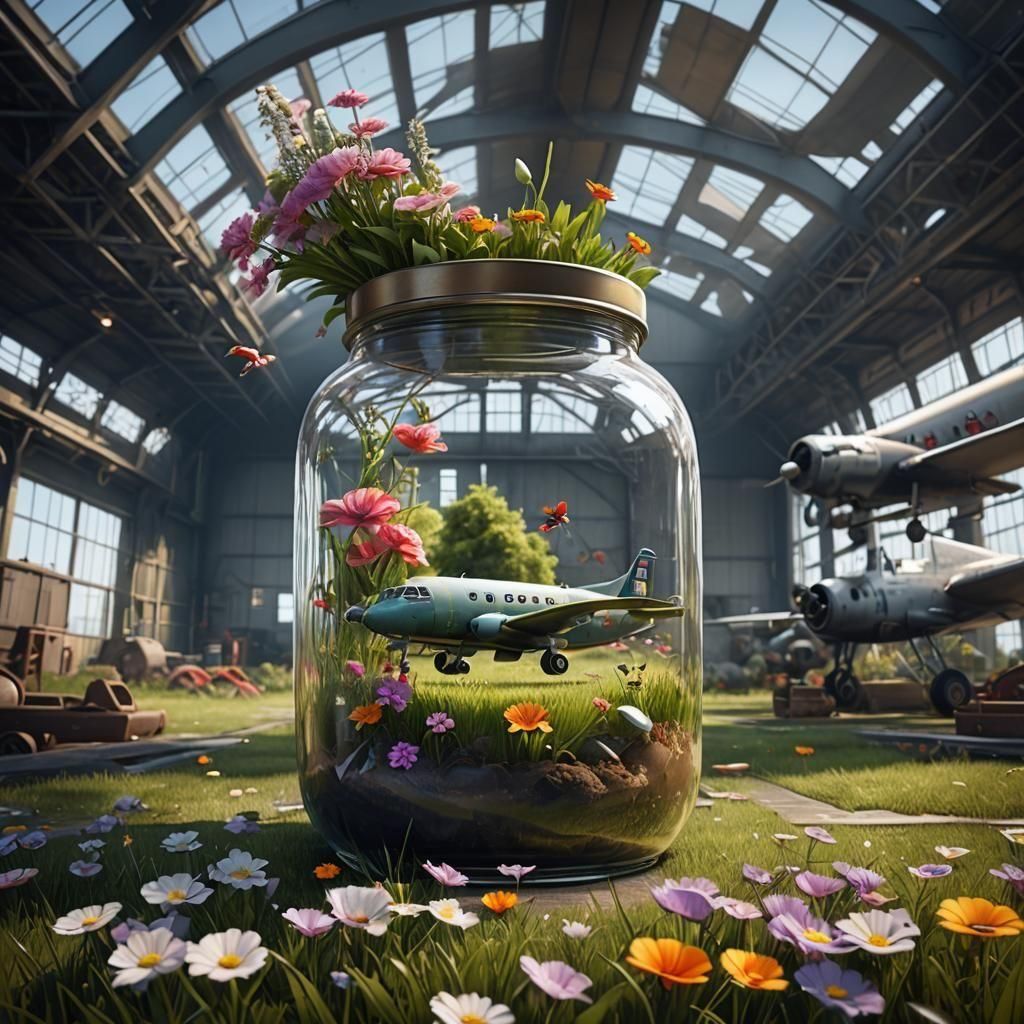 Airplane Hangar in a Jar: Detailed Matte Painting