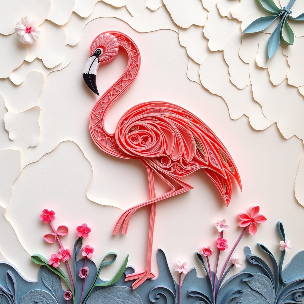 Delicate Paper Quilled Flamingo on Paper Background