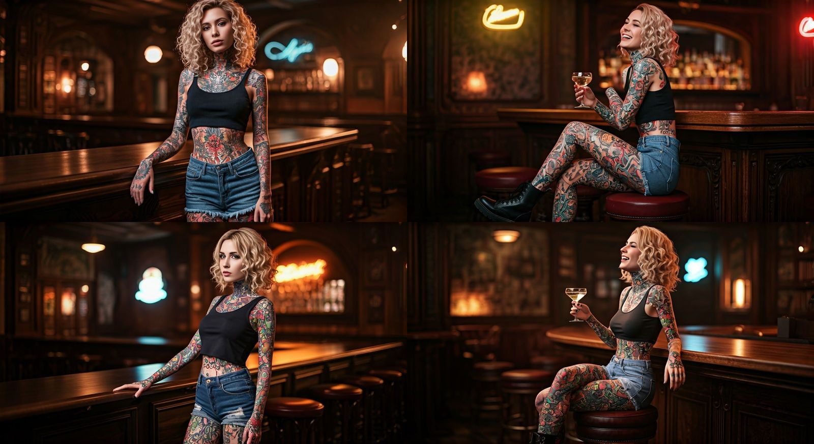 Italian Beauty Showcases Vibrant Tattoos in Cozy Bar