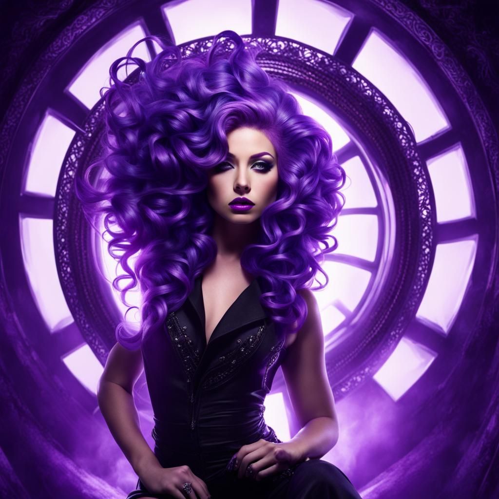 Sensual Woman with Purple Hair on Throne