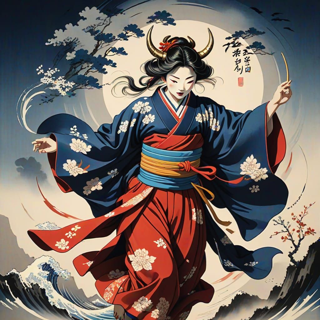 Dramatic Ukiyo-E Inspired Scene of a Princess and Bull Demon