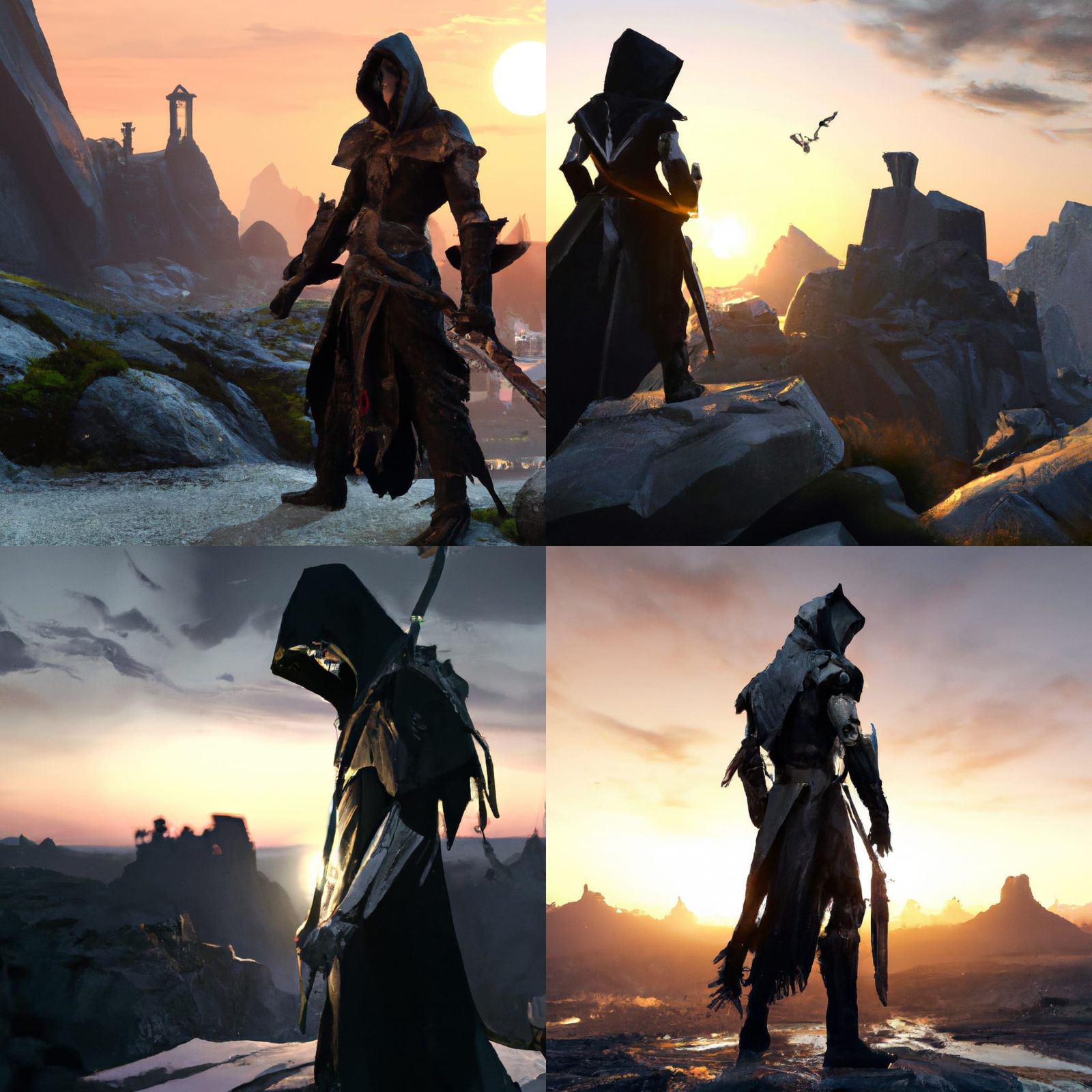 The image depicts a Destiny 2 hunter standing on a rocky terrain, with a backdrop of a setting sun in the far background...