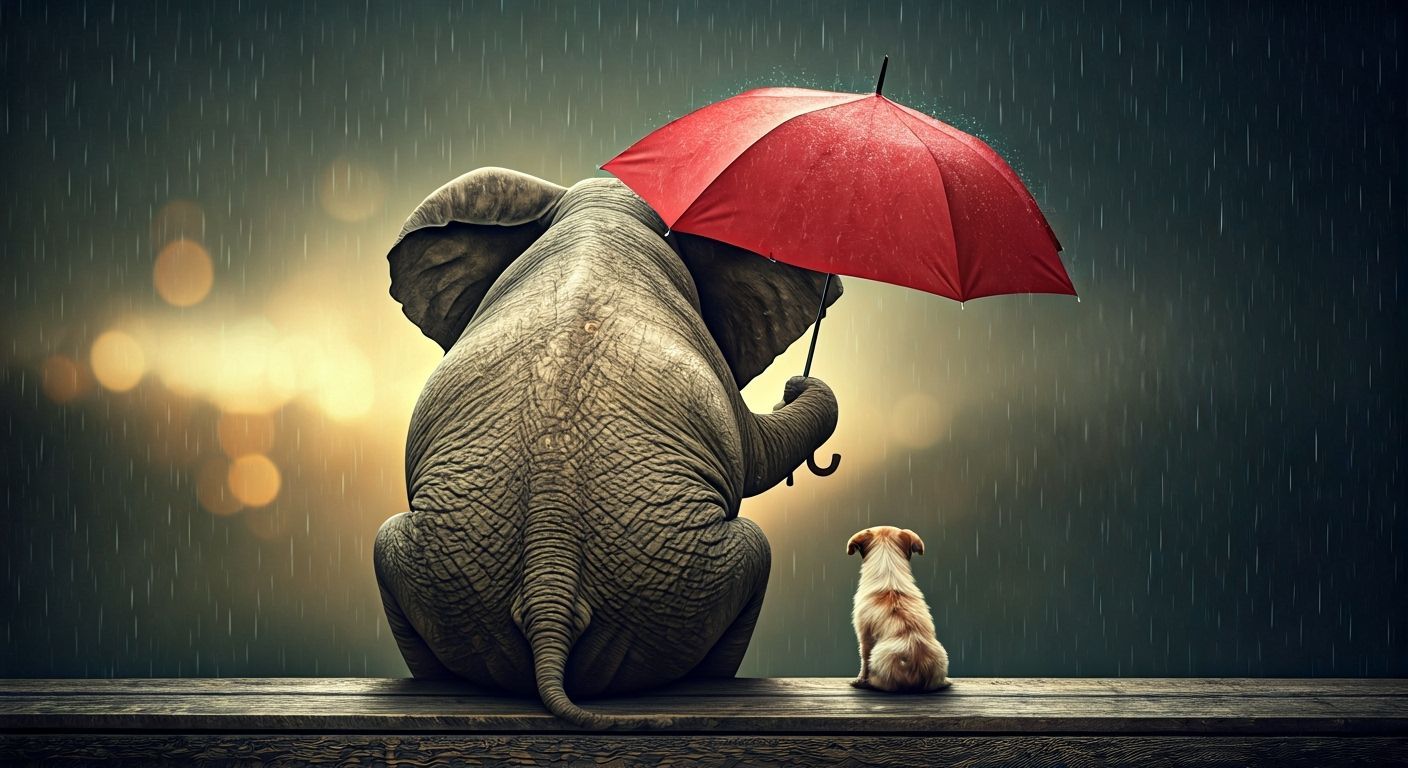 Elephant Shelters Dog Under Umbrella in Rainy Day Friendship