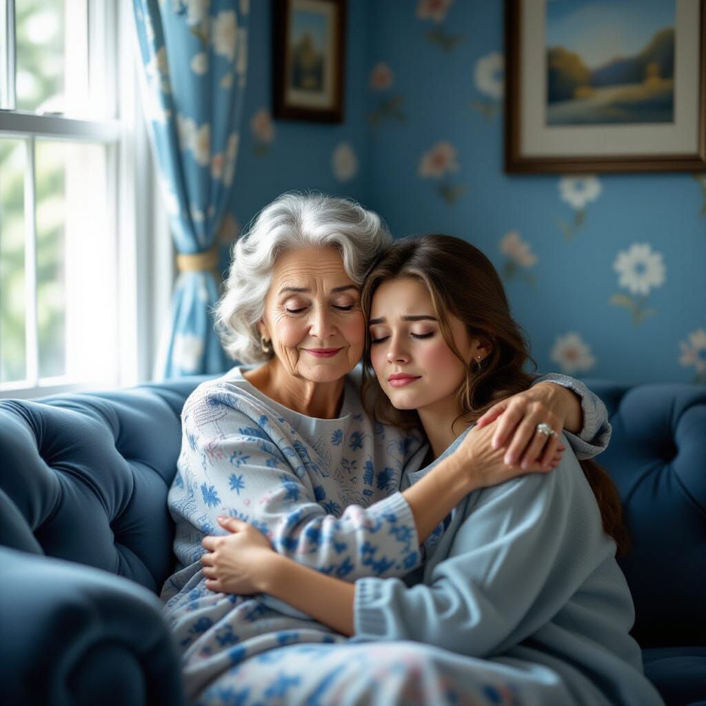 Mother Comforts Sad Daughter in Cozy Room