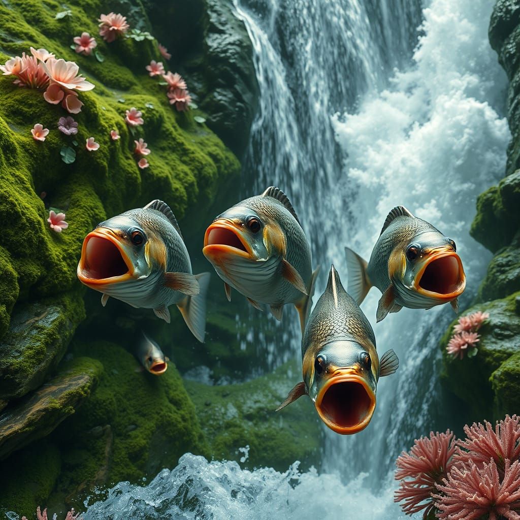 Fish with Open Mouths Swim in Waterfall