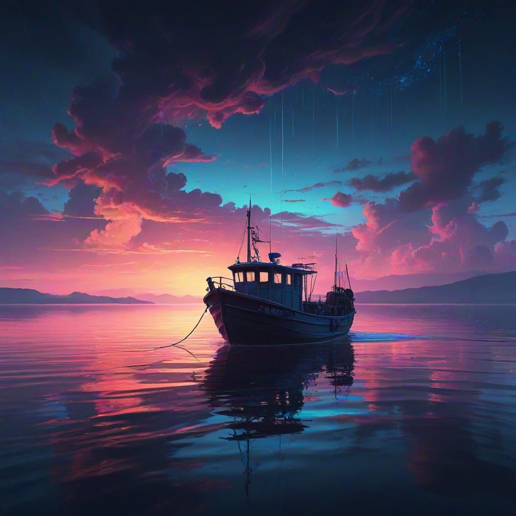 Synthwave Fishing Boat Drifting on Bioluminescent Sea