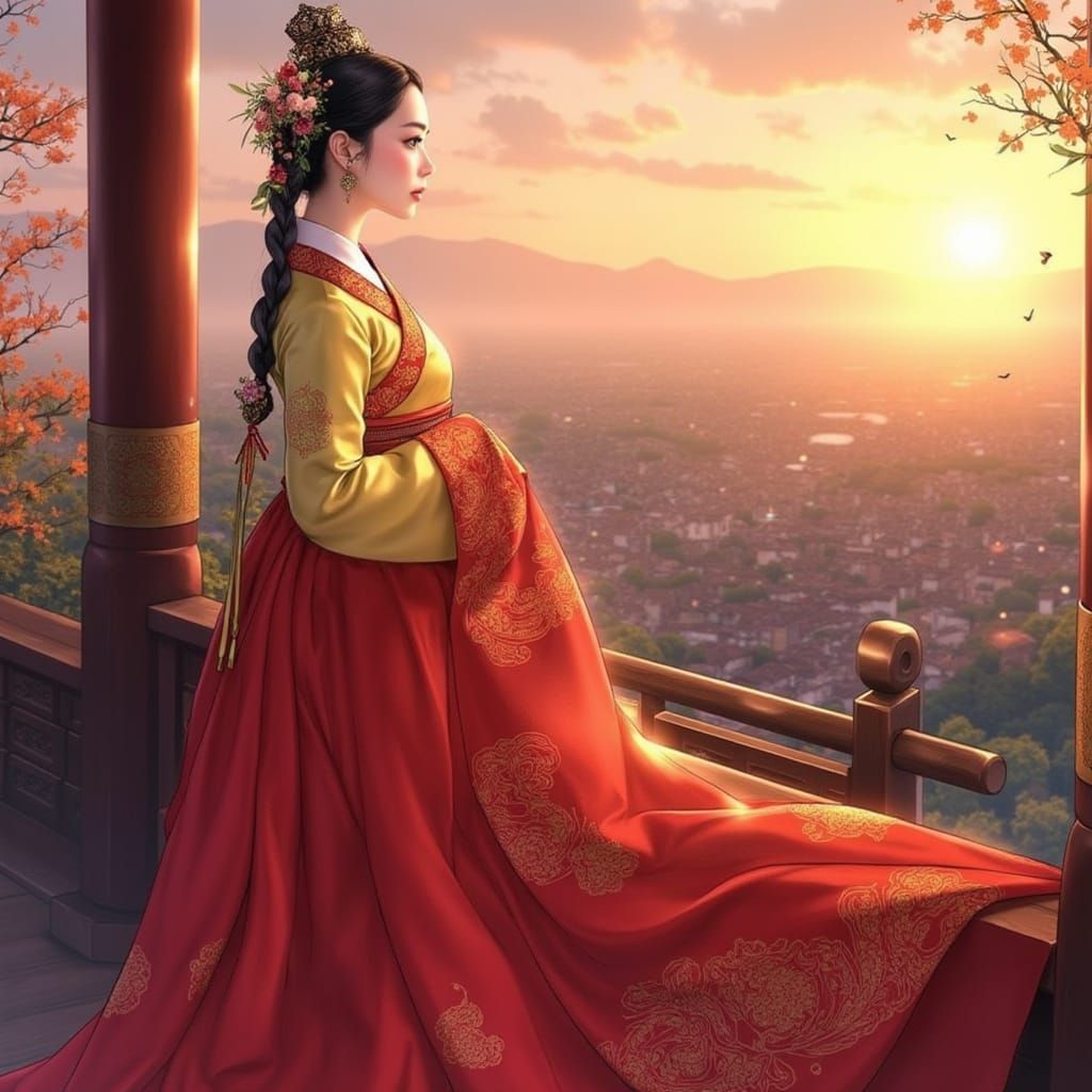 Korean Manhwa Princess Overlooking City at Sunrise