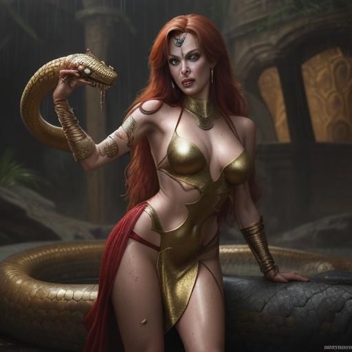 Red Sonja with Golden Snake in Golden Hour Lighting