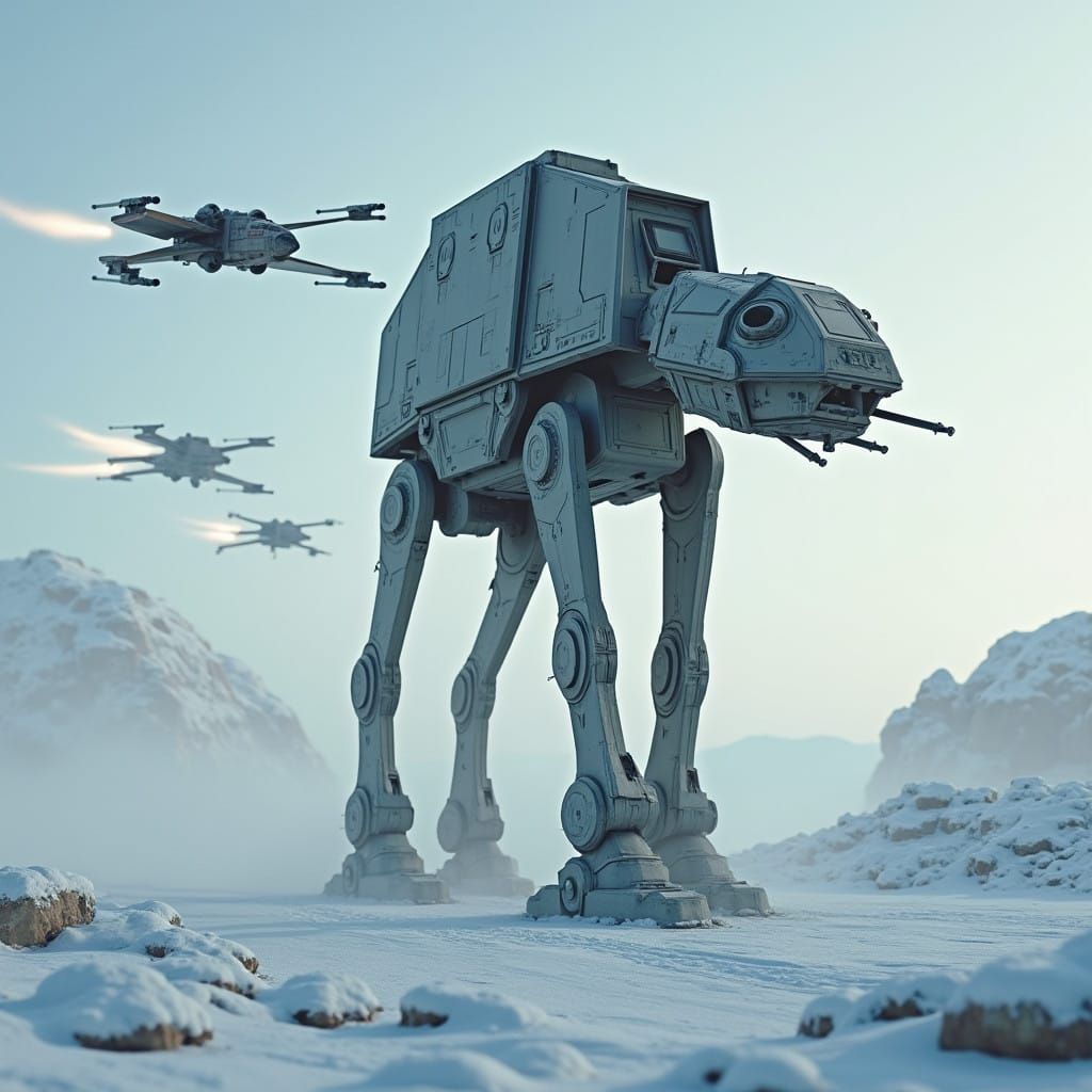 Star Wars AT-AT Walker in Battle with X-Wings on Snowy Hoth