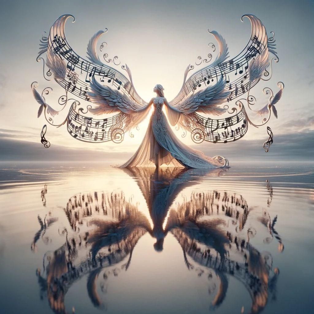 Ethereal Figure with Musical Wings in Tranquil Water