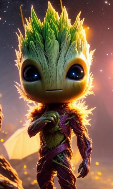Filigree Baby Groot on Moonlit Street in Anime Style