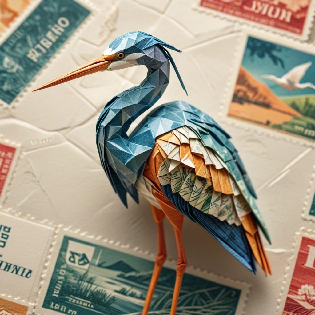 Origami Heron Made of Postage Stamps in Digital Art