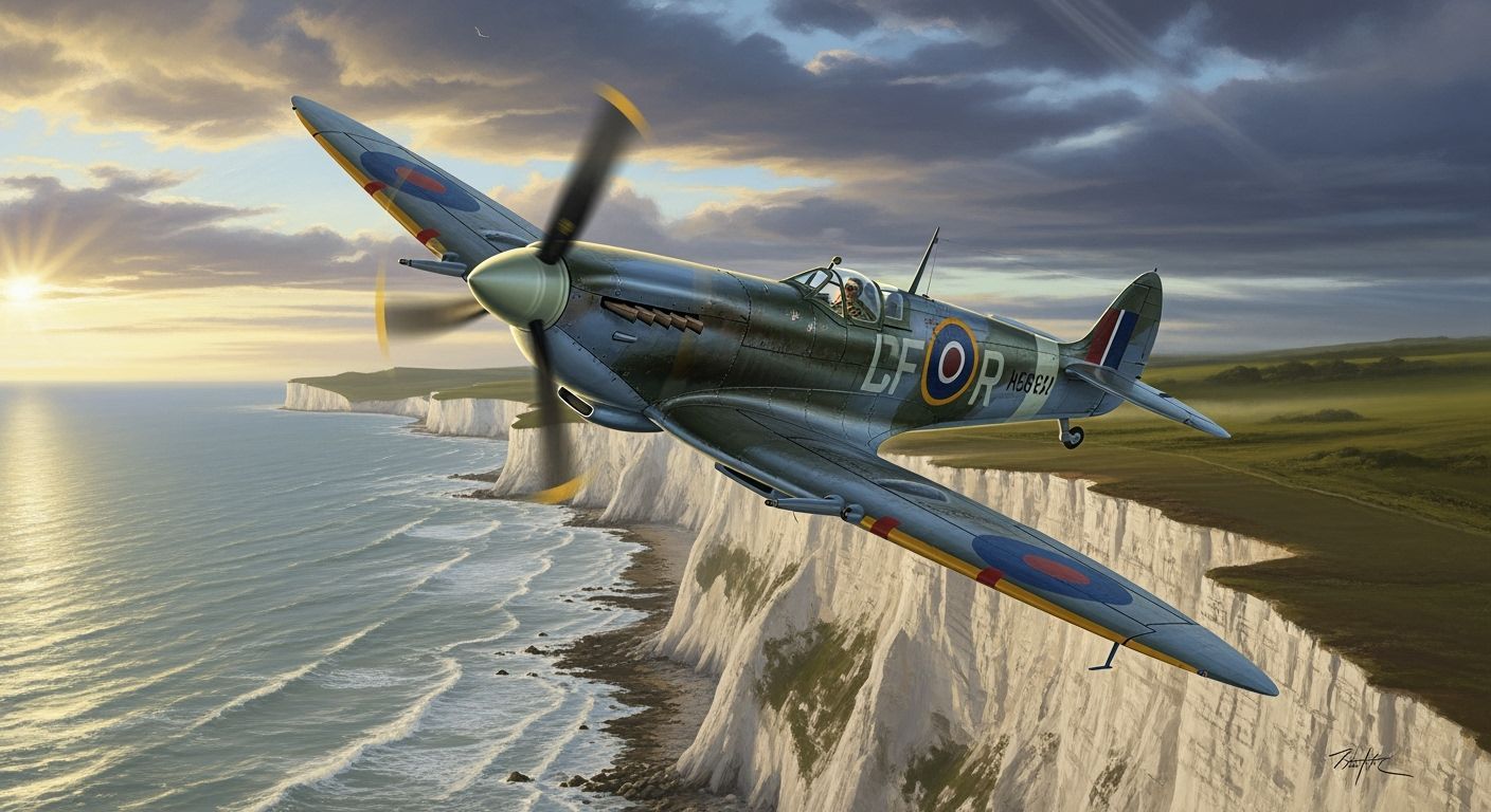 Supermarine Spitfire Over Dover Cliffs at Sunset