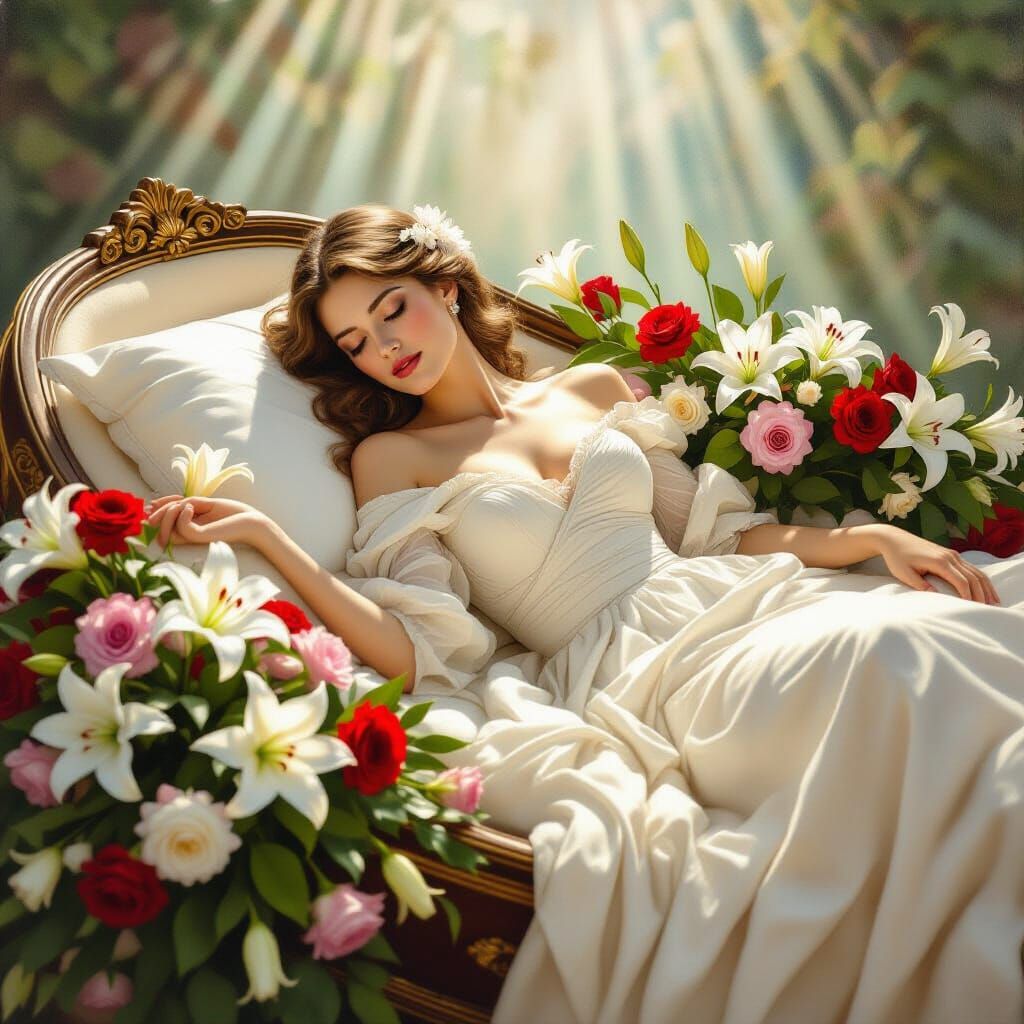 Tranquil Woman Rests in Ornate Coffin with Flowers