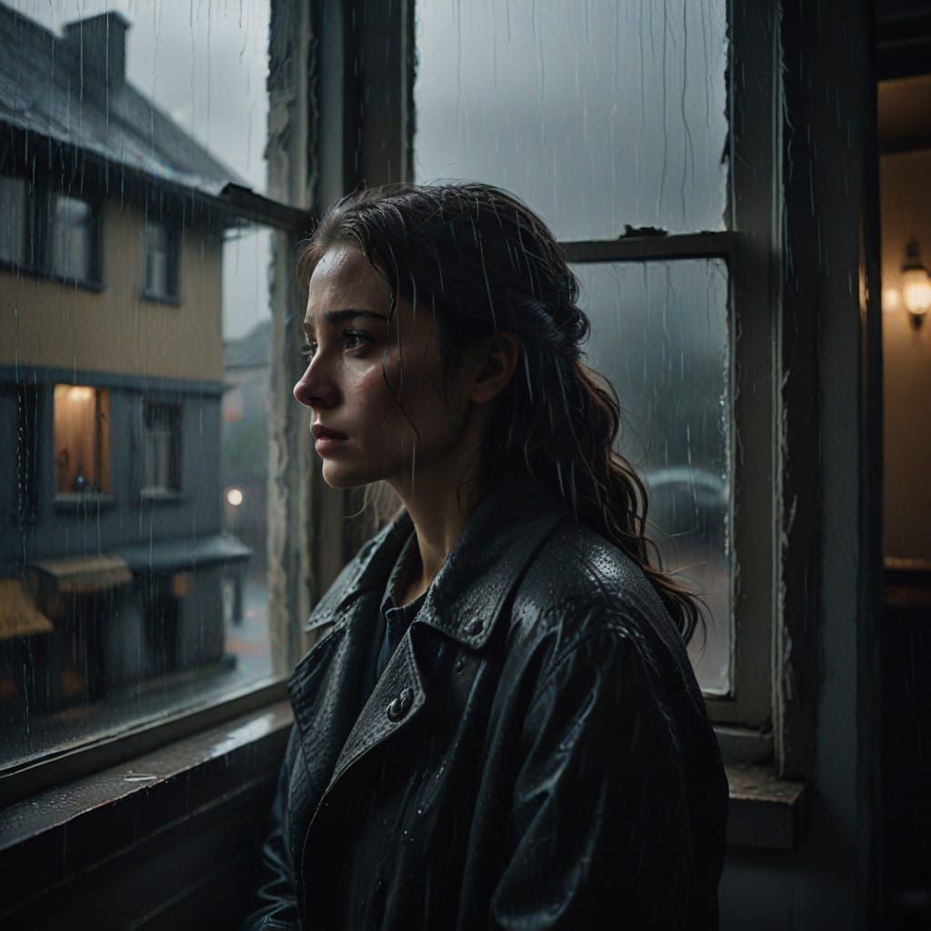 Sorrowful Woman Contemplates Rainy Night