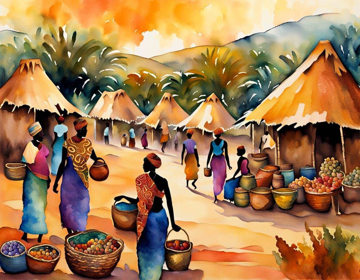 Vibrant African Marketplace in Watercolor Style